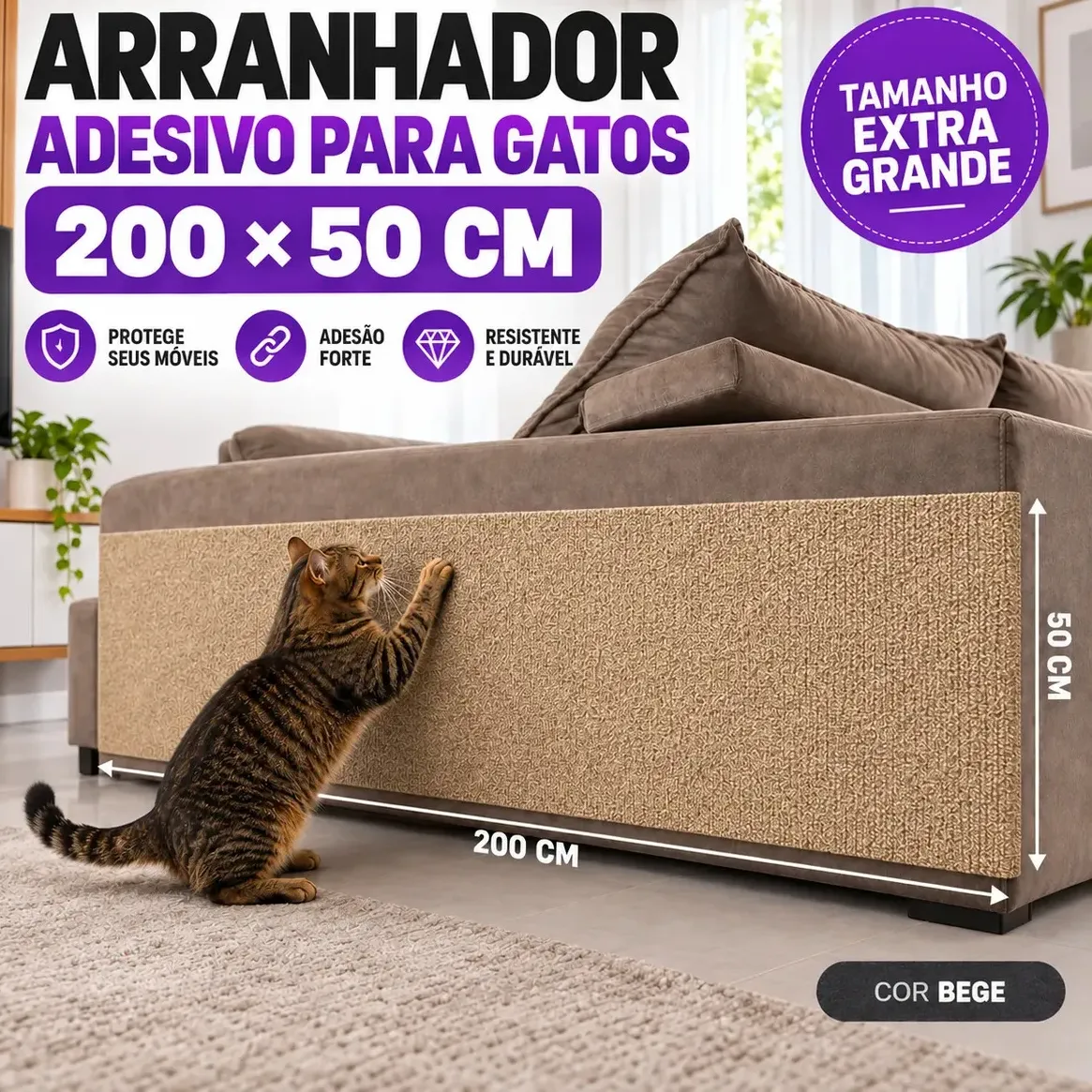 Ricapet — Arranhador adesivo 200 × 50 cm — bege na imagem; descrição anterior registra divergência cinza